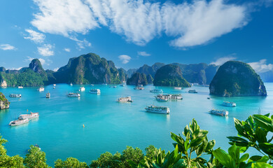 Cruise Boats in Halong Bay, Vietnam Surrounded by Limestone Karsts