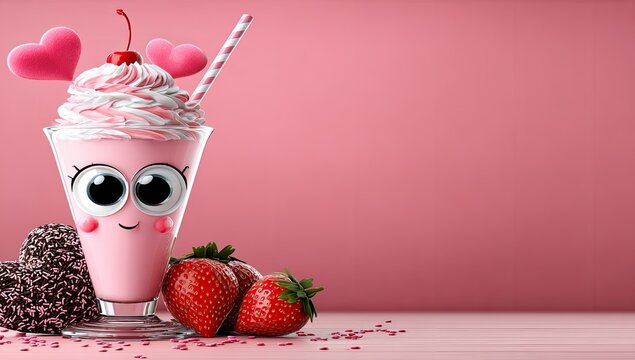 Pink milkshake with kawaii eyes and heart-shaped decorations