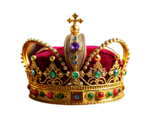Photo of a stunning golden crown featuring a deep red cushion and adorned with a vibrant array of green and red gemstones, along with smaller blue and clear jewels, signifying supreme authority 