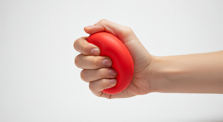 Hand squeezing red object against white background in studio setting
