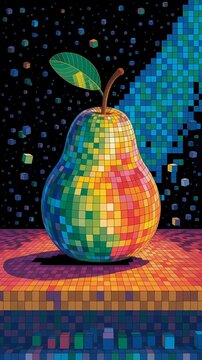 A vivid voxel-style 3D pear placed on a digital, pixelated background. Combines nature and tech art.