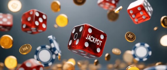 Red dice and casino chips falling with the word jackpot, gambling addiction concept - Powered by Adobe