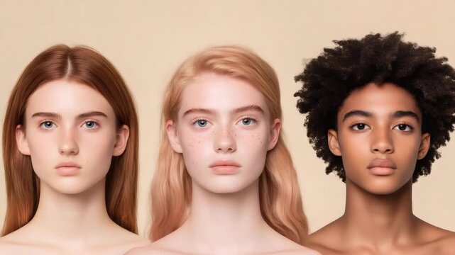 Fashion models representing multicultural diversity standing side by side, showcasing inclusive beauty