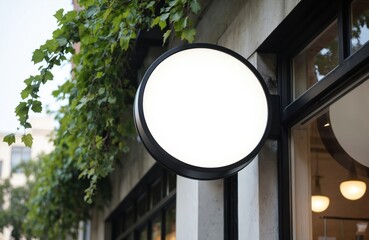 Circular illuminated sign mounted outside building, ideal for branding. Features clean white surface for custom text, logos, adjacent to storefront window. Surrounded by green ivy leaves, sign offers