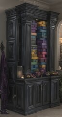 Obraz premium Dark wood cabinet with yoga blocks