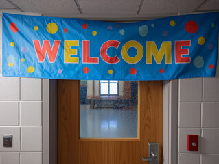 Classroom door with welcome banner