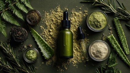 Dark green aesthetic featuring natural skincare ingredients.  Small jars and bottles of various powders and serums are displayed on a dark olive green 