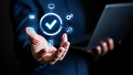 Blue digital interface with checkmark and icons technology