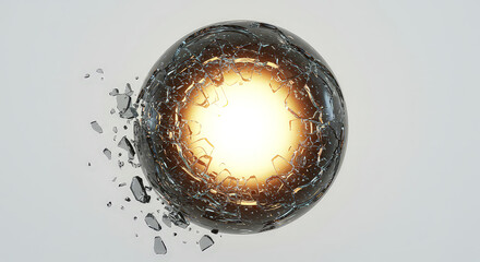 Exploding sphere illustration with bright inner glow and shattered pieces