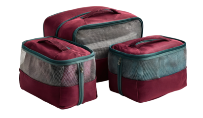 Three maroon and teal travel packing cubes.  Organized storage containers with mesh panels show folded clothes inside.  Easy handling with handles