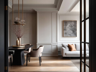 Aesthetic beautiful elegant  modern luxury interior design. Clear mock up empty wall for decoration in the apartment, painting frame. Copy space in the room.