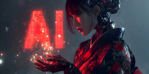 A futuristic cyborg woman in kimono with glowing ai text and particles in dark setting