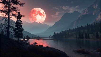 Under the watchful gaze of a red moon, the landscape of lake and mountain. Fantasy landscape, looping 4k video animation background.