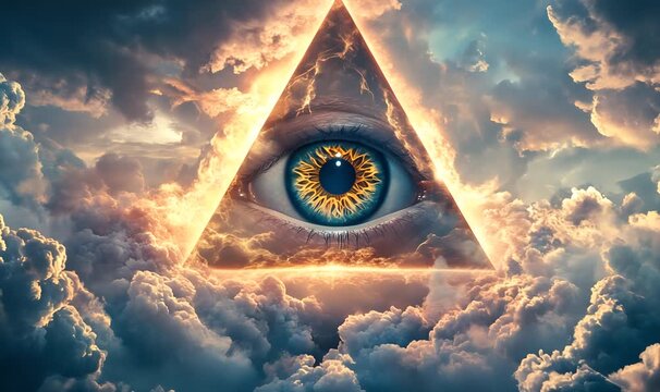 Luminous pyramid eye surveying global landscape from cosmic perspective, symbolizing omniscient observation