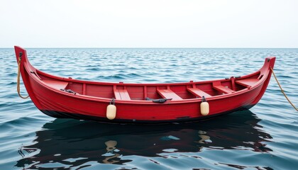 Obraz premium Red Wooden Boat Floating on Calm Waters at Dusk or Dawn