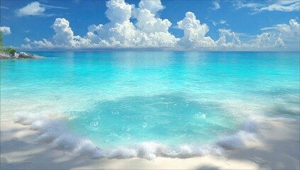 Obraz premium Tranquil turquoise waves lapping a pristine beach, under a vibrant blue sky