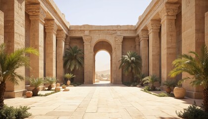 Obraz premium Sunlit ancient Egyptian courtyard features massive stone columns adorned with hieroglyphs, palm trees. Sandstone architecture, arched gateway leads to desert landscape. Rich history, culture, regal