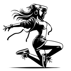 Black and white silhouette vector of a girl street style dance on white background  