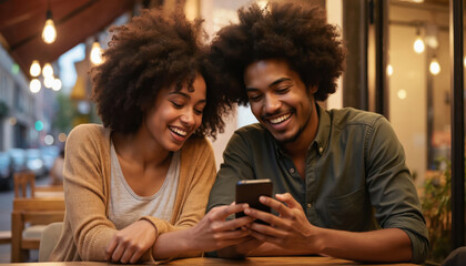Happy African American couple shares laughter while looking at smartphone outdoors at cafe. Young man, woman use mobile phone together in city street. Technology, communication, connection theme.