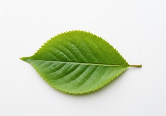 Obraz premium Vibrant green leaf with serrated edges on a clean white background, showcasing intricate vein patterns