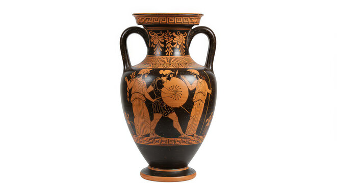 Ancient greek amphora with detailed artwork depicting historical scenes
