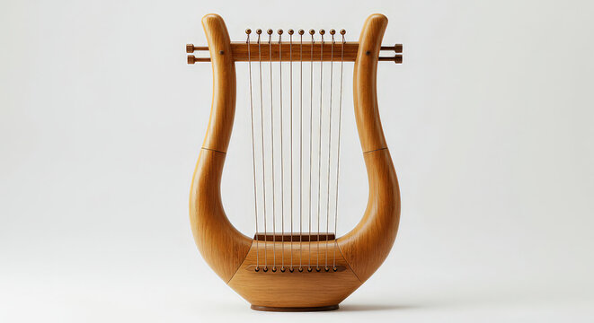 Isolated wooden lyre instrument with strings on a white background