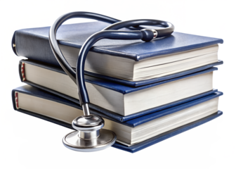 Photo of a stethoscope rests on a stack of three blue hardcover books, symbolizing medical education, healthcare knowledge, and the practice of medicine, isolated on transparent background