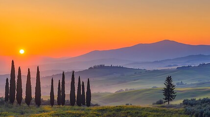 62. Calm morning sunrise over rolling countryside hills, showcasing soft golden light illuminating green pastures and distant trees