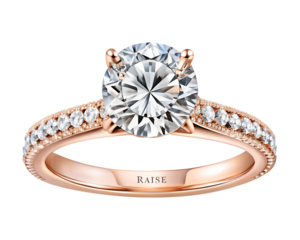 Photo of a stunning round brilliant cut diamond engagement ring with a rose gold band, adorned with small diamonds, isolated on transparent background