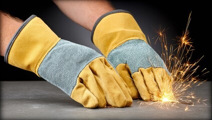 Two hands in yellow and gray protective work gloves hold a sparking metal object