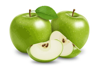 Green Apple Vector Illustration – Whole and Sliced Fresh Fruit with Leaf – Healthy Food Design for Labels, Recipes, Packaging, and Organic Nutrition Art

