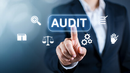 Business professional touching audit button with icons finance technology