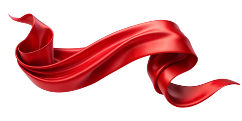 Photo of a flowing, elegant red silk ribbon banner with a glossy finish, isolated on transparent background