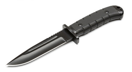 Black knife isolated on white blade and handle detail with copy space