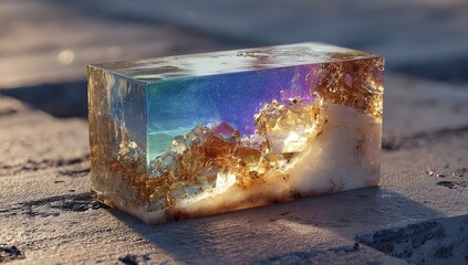 A translucent rectangular prism, showcasing an internal landscape.  Colorful refractions highlight the inclusions.  Image of a unique piece of art