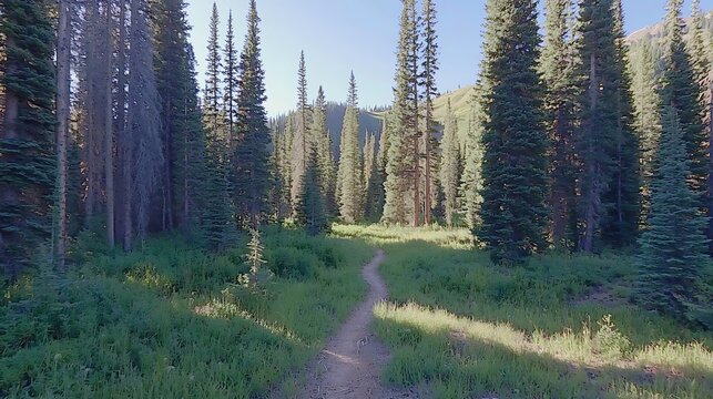 112. Mountain trail winding through dense pine forest with sunlight filtering through tall trees