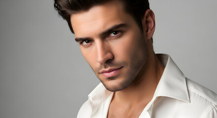 Handsome man portrait intense gaze confident expression stylish hair white shirt model male beauty grooming skincare fashion
