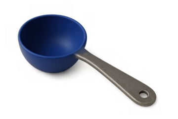 Blue plastic measuring spoon with metal handle lying on transparent background, perfect for cooking and baking
