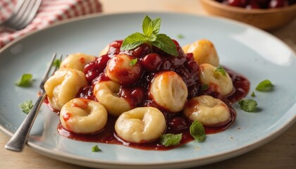 Cottage cheese gnocchi served with homemade cherry sauce and fresh mint. These soft dumplings offer a delicious, healthy meal perfect for breakfast, lunch, or dinner.