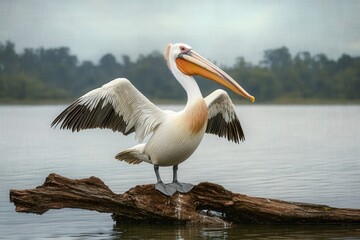 Pelican perched on a branch with wings spread, standing in the water near lake