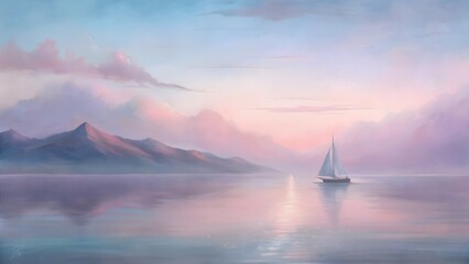 Serene sailboat at sunset, pastel mountainscape, tranquil waters, dreamy atmosphere.