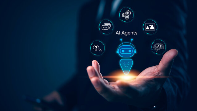businessman holding a virtual interface with AI agents icons. automation, smart business solutions, and digital transformation. machine learning, data processing, and artificial intelligence.