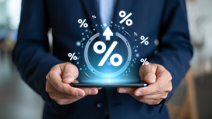 Businessman holding phone displaying financial growth percentages image