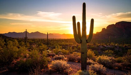Desert sunset with saguaro cactus