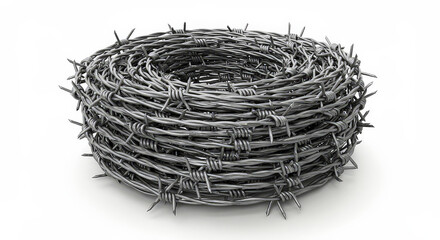 Coiled barbed wire on white background illustrating restriction and conflict