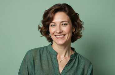 Fototapeta premium Smiling woman with short brown hair, hoop earrings looks directly at camera. Wears green blouse, delicate gold necklace. Mid-life appearance suggests confidence, approachability. Plain green
