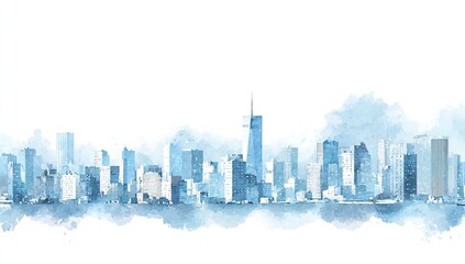 Naklejka premium Watercolor cityscape, panoramic view of a modern city skyline. Soft, blue hues