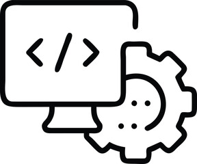 Automated Script and Development Process Line Icon. Code on Screen with Gear Symbol.