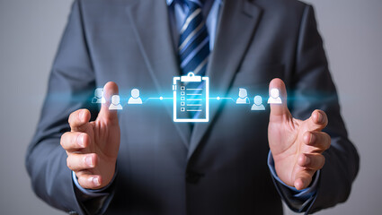 Businessman interacting with digital human resource management interface human resources technology