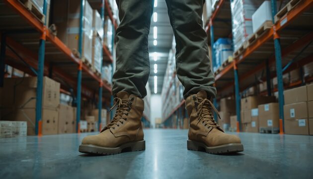 Man wearing tactical pants, sturdy brown leather boots stands in warehouse aisle. Rows of shelves filled with boxes create backdrop of industry, logistics. Focus on footwear, workwear in pro